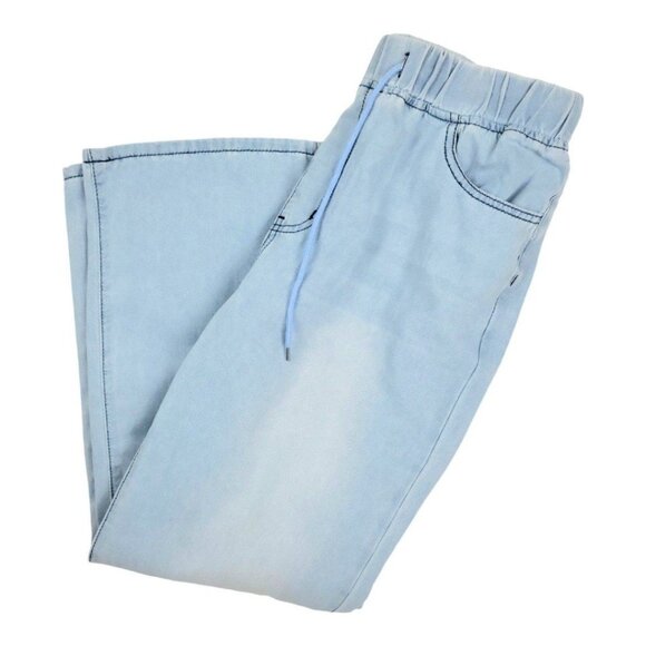 Womens XL comfy elastic tie waist wide leg relaxed light wash distressed jeans - Picture 4 of 11